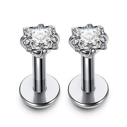 PiercingJ 2-4pcs 16g 316L Stainless Steel 3mm Cubic Zirconia Labret Monroe Lip Ring/Tragus/Helix Earring,6-12mm Bar Length - style: 3mm zirconia square/ 6mm bar
