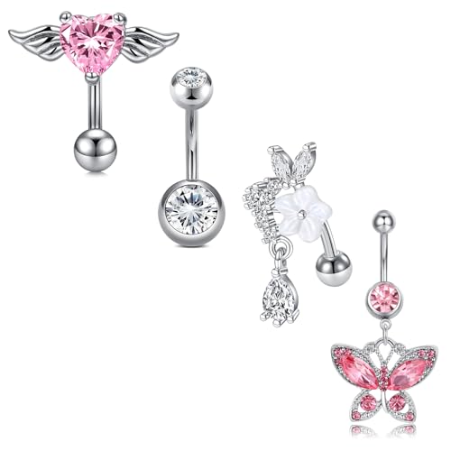 Belly Button Rings Stainless Steel 14G CZ Opal Navel Rings Barbells Women Girls Belly Piercing Jewelry - color: Silver Color-Style C: 4PCS