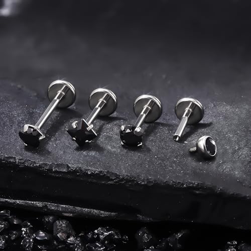 Titanium Flat Back Lip Rings Internally Threaded Earrings Studs Nose Rings 20G 18G 16G Round Heart Square CZ Tragus Cartilage Lobe Rook Helix Conch Labret Medusa Piercing Jewelry for Women Men - color: Black CZ, size: 20G-6/8/10mm