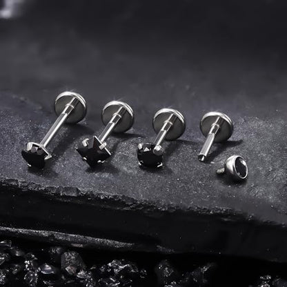 Titanium Flat Back Lip Rings Internally Threaded Earrings Studs Nose Rings 20G 18G 16G Round Heart Square CZ Tragus Cartilage Lobe Rook Helix Conch Labret Medusa Piercing Jewelry for Women Men - color: Black CZ, size: 20G-6/8/10mm