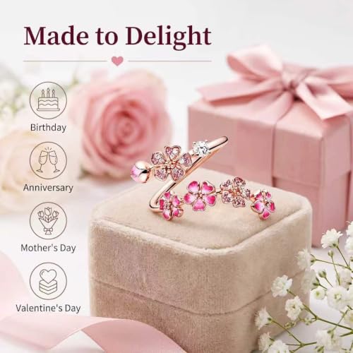 Peach Blossom Ring, Pink Adjustable Flower Open Crystal Rings for Women, Dainty Floral Rings for Vacation, Wedding - color: Pink