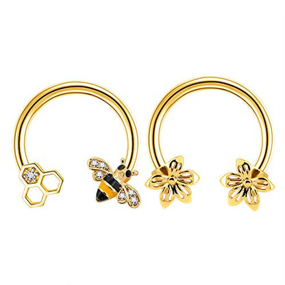 2PCS Septum Ring 16G 316L Surgical Steel Cartilage Earring Hoop Nose Ring Cute Bee Captive Bead Rings Tragus Daith Rook Helix Piercing Jewelry
