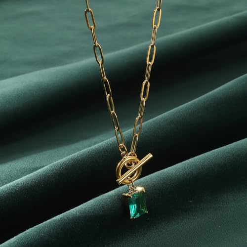 Diamond Necklaces for Women Natural Stone Paperclip Toggle Necklace 14K Gold Plated Emerald Birthstone Necklace for Women Paper Clip Chain Blue Green Cubic Zirconia Pendant Birthday Gifts for Women Mother Jewelry - color: 12. December(Artificial Tanzanite