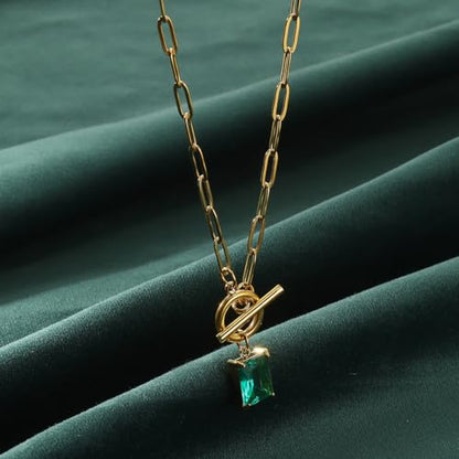 Diamond Necklaces for Women Natural Stone Paperclip Toggle Necklace 14K Gold Plated Emerald Birthstone Necklace for Women Paper Clip Chain Blue Green Cubic Zirconia Pendant Birthday Gifts for Women Mother Jewelry - color: 12. December(Artificial Tanzanite