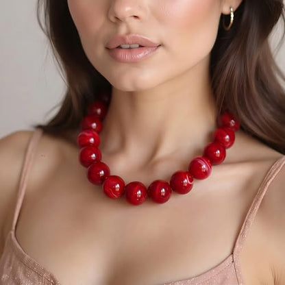 Multicolor Chunky Beaded Necklace, Statement Colorful Round Ball Beads Choker Necklace with Gold-Tone Adjustable Chain, Fashion Bold Neck Jewelry for Women - color: 20MM-Red