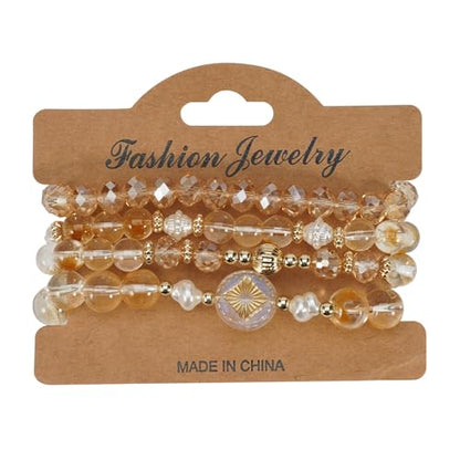 Boho Beaded Bracelet Set for Women - 4 Pcs Multilayer Stackable Crystal Glass Bead Bracelets with Faux Pearl Elastic Stretch Fashion Jewelry for Daily Wear, Beach, Party & Gifts - color: Champagne