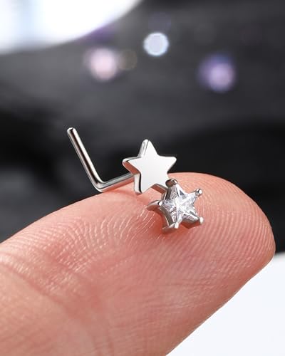 925 Sterling Silver Nose Studs 20G L Shape Nose Rings Star Clear CZ Nose Piercing Jewelry Surgical Steel
