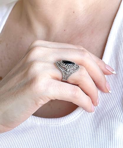 Filigranist 925 Sterling Silver Handcrafted Filigree Art Flower Pattern Woman Oval Statement Ring, Gift Boxed - color: Black Onyx
