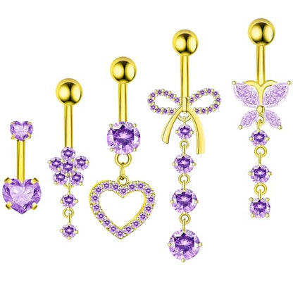 BSJ4U Belly Button Ring Dangle Navel Belly Piercing Jewelry Cute Pink CZ Heart Butterfly Bow Flower Navel Belly Rings for Women 14G Silver Stainless Steel Dainty Dangly Dangling Belly Button Piercing - color: Gold Plated Purple CZ Belly Button Rings