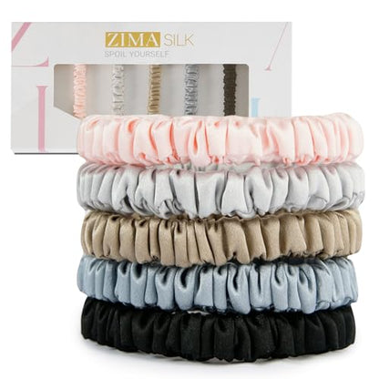 ZIMASILK 100% Pure Mulberry Silk Hair Scrunchies for Women | No Damage - Gentle Elastic Hair Ties for Ponytail Holder - Hair Accessories (5 Pack) - color: Black, Taupe, Dusty Blue, Light Gray, Pink (5pcs)