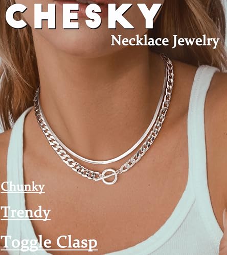 CHESKY 14K Gold Plated Chunky Necklace for Women, Trendy Toggle Clasp | Statement Pendant Necklace, Layered Paperclip Chain, Toggle Clasp Design, Thick Gold Chain, Non Tarnish Everyday Jewelry - color: silver, style: cuban+herringbone