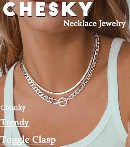 CHESKY 14K Gold Plated Chunky Necklace for Women, Trendy Toggle Clasp | Statement Pendant Necklace, Layered Paperclip Chain, Toggle Clasp Design, Thick Gold Chain, Non Tarnish Everyday Jewelry - color: silver, style: cuban+herringbone