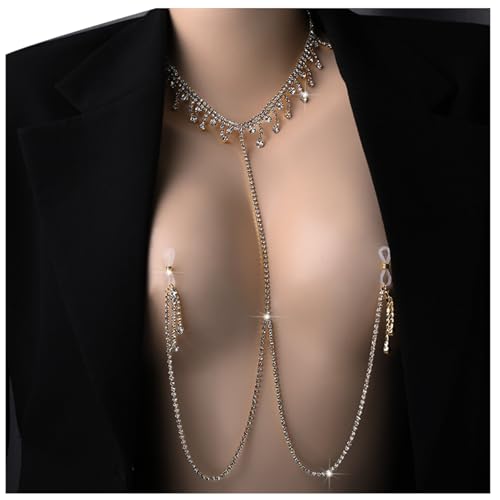 Rhinestone Tassel Choker Necklace Sexy Non Piercing Nipple Jewelry Summer Beach Chest Body Chain Crystal Nipple Body Accessories Jewelry for Women - color: Gold