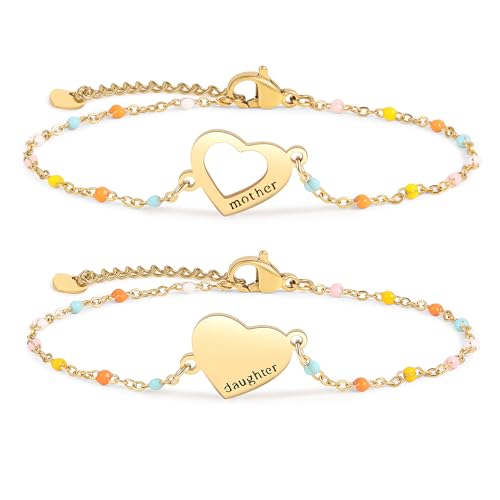 DS Mother Daughter Matching Bracelets,Adjustable Stainless Steel Gift Set | mother’s Day & Birthday Gift Box,Heart Charm,Mommy & Me Style,18K Gold Plated,Hypoallergenic,Daily Wear,Fits Women Teen Girls - color: Gold-1