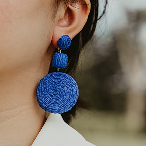 Statement Raffia Boho Round Dangle Ball Earrings - Cute Handmade Summer Bohemian Dangling Jewelry for Women - color: Royal Blue