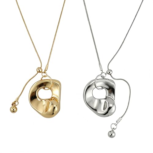 2Pcs Gold Silver Tone Long Pendant Necklace Oval for Women Adjustable, Minimalist Chunky Snake Chain Necklace, Dainty Statement Long