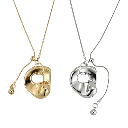 2Pcs Gold Silver Tone Long Pendant Necklace Oval for Women Adjustable, Minimalist Chunky Snake Chain Necklace, Dainty Statement Long