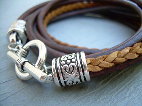 Womens Leather Bracelet, Five Strand, Double Wrap, Antique Brown/Natural, Womens Jewelry, Womens Bracelet, Wrap Bracelet, Leather, Jewelry