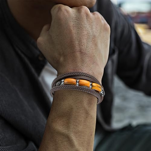 Mens Tiger Eye Leather Bracelet, Natural Tiger Eye Stone Multi-Layer Braided Cuff Bracelets for Men, Stainless Steel with Buckle Memorial Bangle Gifts for Him - color: Brown