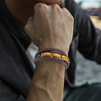Mens Tiger Eye Leather Bracelet, Natural Tiger Eye Stone Multi-Layer Braided Cuff Bracelets for Men, Stainless Steel with Buckle Memorial Bangle Gifts for Him - color: Brown