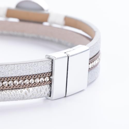 Boho Chunky Leather Wrap Bracelets Stackable Beaded Western Country Jewelry | Crystal Bead Trendy Layered Cuff Magnetic Clasp Stack Bohemian Statement Costume Outfits Cowgirl Fashion Hippie Accessories - color: Silver, size: 14.7"