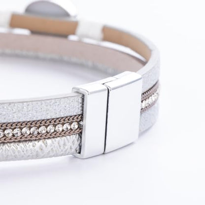 Boho Chunky Leather Wrap Bracelets Stackable Beaded Western Country Jewelry | Crystal Bead Trendy Layered Cuff Magnetic Clasp Stack Bohemian Statement Costume Outfits Cowgirl Fashion Hippie Accessories - color: Silver, size: 14.7"
