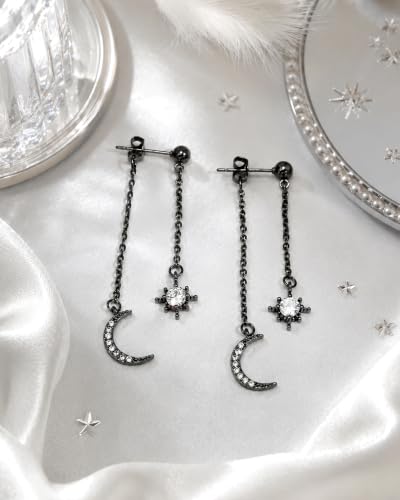 Moon and Star Dangle Earrings | Chain Tassel with Cubic Zirconia Drop Front and Back Earrings Celestial Jewelry for Wedding Gift - color: Black