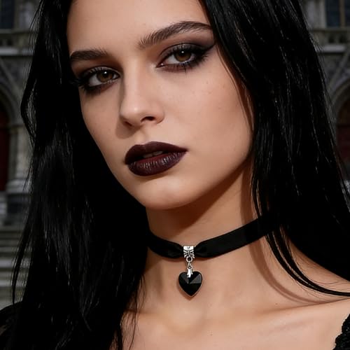 Black Choker for Women, Adjustable Layered Velvet Leather Lace Collar necklace, Goth necklace Gifts - color: Black Heart