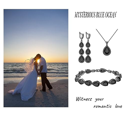 LMXXVJ Necklace Long Earrings Bracelet Set, White Gold Plated Created Blue Sapphire Jewelry Set Wedding Party Gift Jewelry for Women Bridal Bridesmaid - color: Black Gun-Black