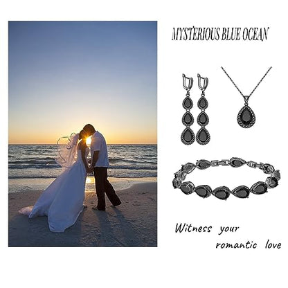 LMXXVJ Necklace Long Earrings Bracelet Set, White Gold Plated Created Blue Sapphire Jewelry Set Wedding Party Gift Jewelry for Women Bridal Bridesmaid - color: Black Gun-Black