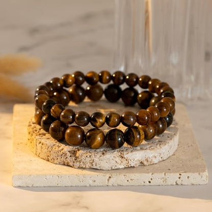 Mens Bead Bracelet Set - Adjustable Elastic Rope With 6&8MM Natural Stone Multi-Colored Beads - Tiger Eye Bracelets for Men - Gift - style: 2,8mm+10mm Tiger eye