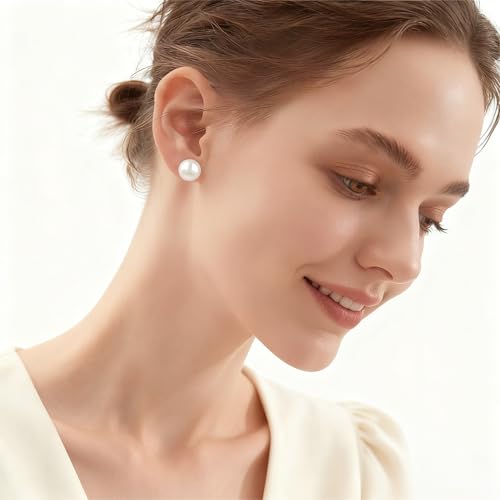 White Faux Pearl Stud Earrings, S925 Silver Posts Hypoallergenic for Women - color: Pinkish White, size: 12mm