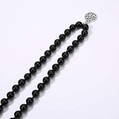 108 Mala Beads Necklace Semi-Precious Gem Stones Meditation Necklace 108 Hand Knotted Japa Mala Beaded Tassel Necklace with Tree of Life Pendant - color: Natural Black Agate