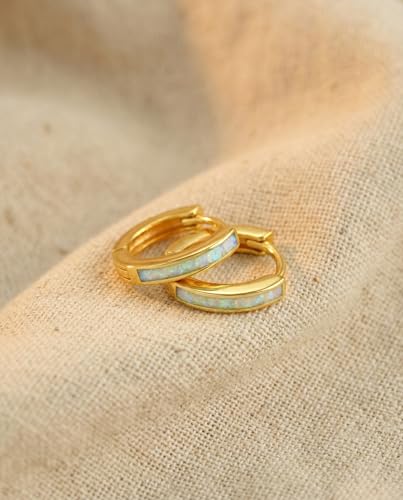 Dainty Opal Huggie Earrings, 14K Gold Plated Cartilage Earrings Jewelry Gift for Women Teen Girls with Quote Card and Velvet Gift Pouch - style: Huggie Earring - White Opal