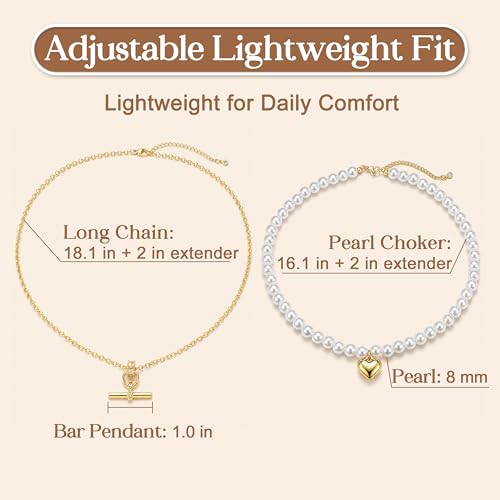 T-Bar Pearl Necklace Stack, Long Layered Necklaces Women, 16K Gold Plated | Heart Pendant Necklace with Dainty Pearl Chain, Non Tarnish Statement Jewelry Set for Trendy Everyday Accessories