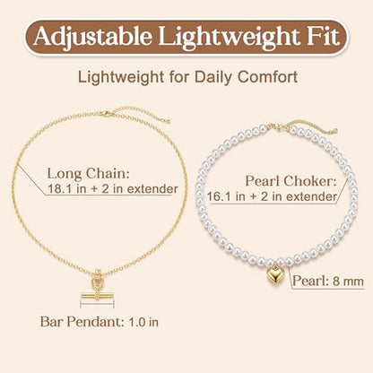 T-Bar Pearl Necklace Stack, Long Layered Necklaces Women, 16K Gold Plated | Heart Pendant Necklace with Dainty Pearl Chain, Non Tarnish Statement Jewelry Set for Trendy Everyday Accessories
