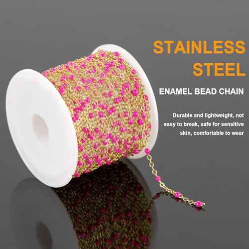 KYUNHOO 16.4 Feet/5M Rose Red Enamel Beaded Chain for Jewelry Making | Gold Plated Stainless Steel Chain Spool Cross Cable Link Chains Bulk with Lobster Clasps and Jump Rings - color: Gold-Rose-2mm