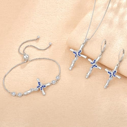 Cross Necklace for Women 925 Sterling Silver Butterfly Necklace Birthstone Pendant Created Gemstone Jewelry Gifts for Women - color: 12 December - Tanzanite