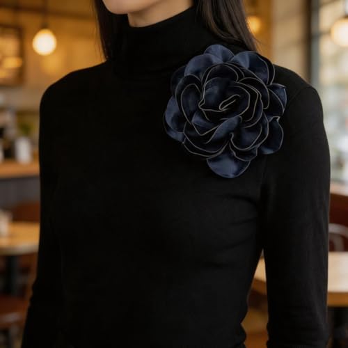 Dainty Satin Fabric Rose Flower Brooches 7.5in Extra Large Big Camellia Flower Brooches Lapel Pins for Women Wedding Party Dance Dress Clothes Accessories - color: Blue