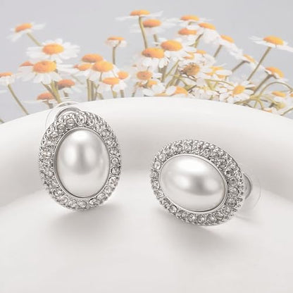 Pearl and Rhinestone Stud Earrings for Women Retro Statement Earrings Wedding Party Prom Jewelry - color: Oval Pearl-Silver