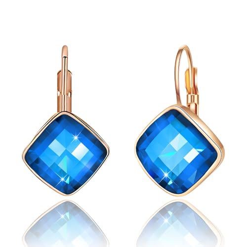 Austrian Crystal Square Leverback Drop Earrings for Women | Classic Square-Cut Crystal,14K Gold-Plated,Leverback for Easy Secure Wear,Gift Box Included,For Day and Evening Events - color: Bermuda Blue