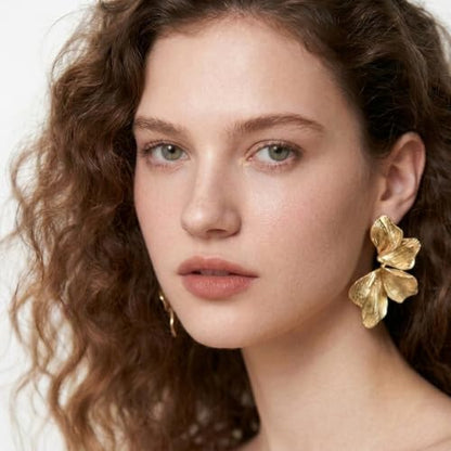 Chunky Gold Plated Flower Statement Drop Earrings for Women | Hypoallergenic 18K Gold Plated Textured Petal Wing, Large Statement Dangle Earrings for Wedding Party - color: Gold+Silver(2 pairs)