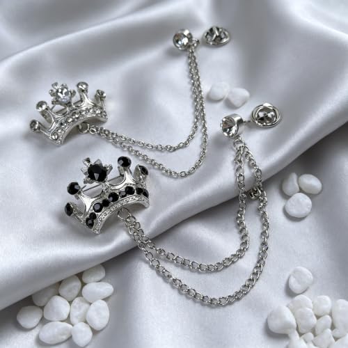 9PCS Men's Brooch Suit Pin with Chains Suit Tuxedo Accessory for Men | Crystal Rhinestone Crown Hanging Chain Brooch with Stone Detailing
