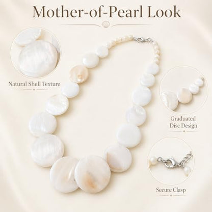 Shell Necklace for Women, White Disc Mother of Pearl Look Statement Choker | White disc beach jewelry with a mother of pearl look and adjustable fit for summer vacation, coastal and resort outfits.