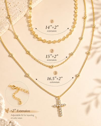 3 Pcs 14K Gold Plated Layered Gold Necklaces Stack for Women Pendant Set | Stackable Layering Design,Lightweight Fit,Tarnish-Resistant Finish,Adjustable Size,Less Tangling,Pretty Gift Jewelry - color: Gold CZ Cross