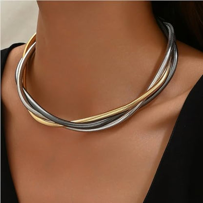 Chunky Gold Collar Choker Statement Necklace for Women Trendy | Gold Plated Layered Twist Flat Thick Snake Herringbone Chain African Torque Necklace Prom Boho Necklaces Party Jewelry Gift - style: 3 Twisted Chain/Gold&Silver