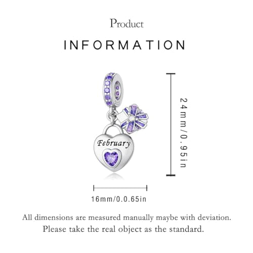 925 Sterling Silver Birthstone Charms Fit for Bracelet and Necklace Happy Birthday Charm Mother's Day Jewelry Gift for Women - color: 2-February
