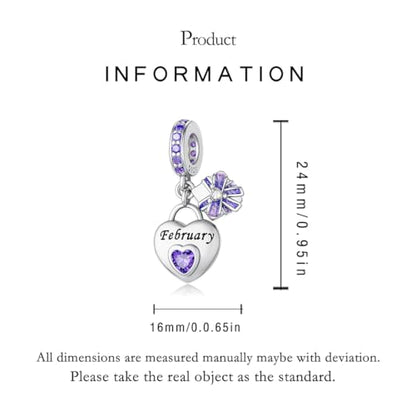 925 Sterling Silver Birthstone Charms Fit for Bracelet and Necklace Happy Birthday Charm Mother's Day Jewelry Gift for Women - color: 2-February