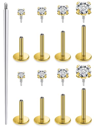 18G 16G Internal Thread Flat Back Nose Stud Earrings Surgical Steel Conch Tragus Cartilage Medusa Monroe Labret Lip Rings Piercing Jewelry for Women Men CZ Silver Black Gold Hypoallergenic - color: Gold, size: 16g