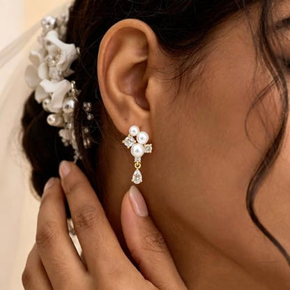 Pearl Earrings for Women Trendy, 14k Gold Plated Freshwater CZ Leaf Pearl Dangle Drop Gold Earrings Lightweight Hypoallergenic Stud Earring Bridesmaid Wedding Gold Jewelry for Women Gifts - style: cz pearl drop earrings